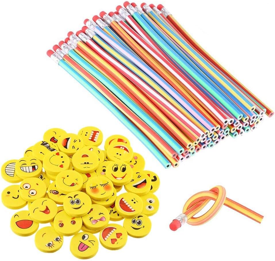 LATERN 80 Pcs Kids Party Bag Filler Set, 40Pcs Soft Flexible Bendy Pencils, 40Pcs Emoji Smile Erasers, Magic Bend Toys Party Favor Supplies for Family School Class