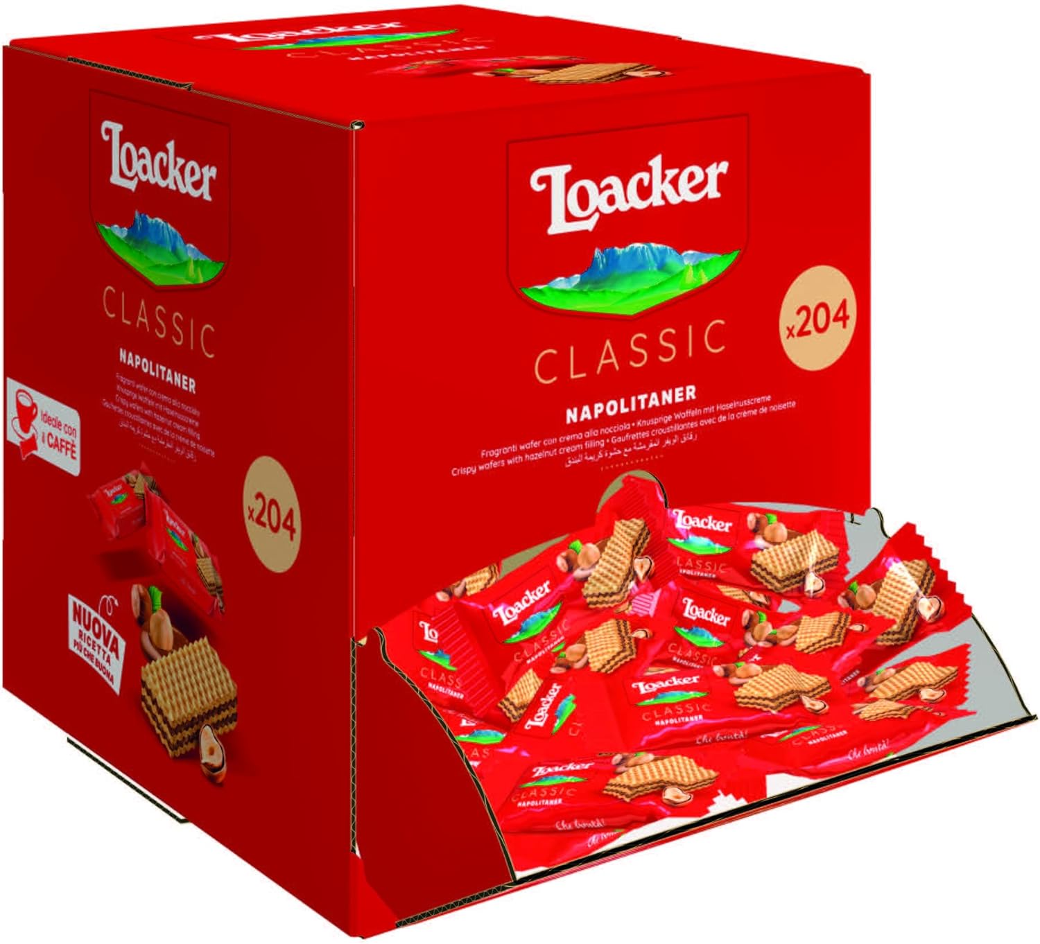 Loacker Classic Napolitaner Wafers, Italian Hazelnut Crispy Cream Wafers, Hazelnut Flavour, Original Wafer Biscuits, Bulk Pack 204 x 3.2 g