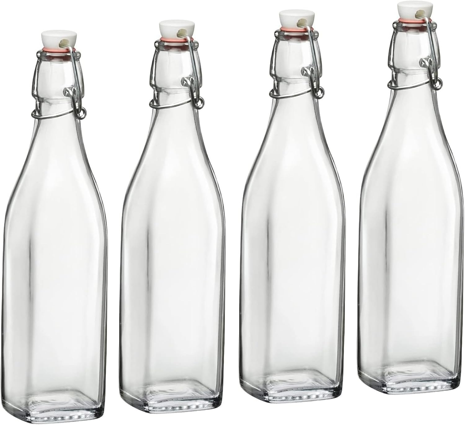 Bormioli Rocco Swing Top Glass Bottle (Set of 4) - Reusable Container with Secure Metal Clasp, Ideal for Homemade Juices, Oil Infusions, Condiments, Mixers - Everyday Drinking Glasses (33.75 Oz.)