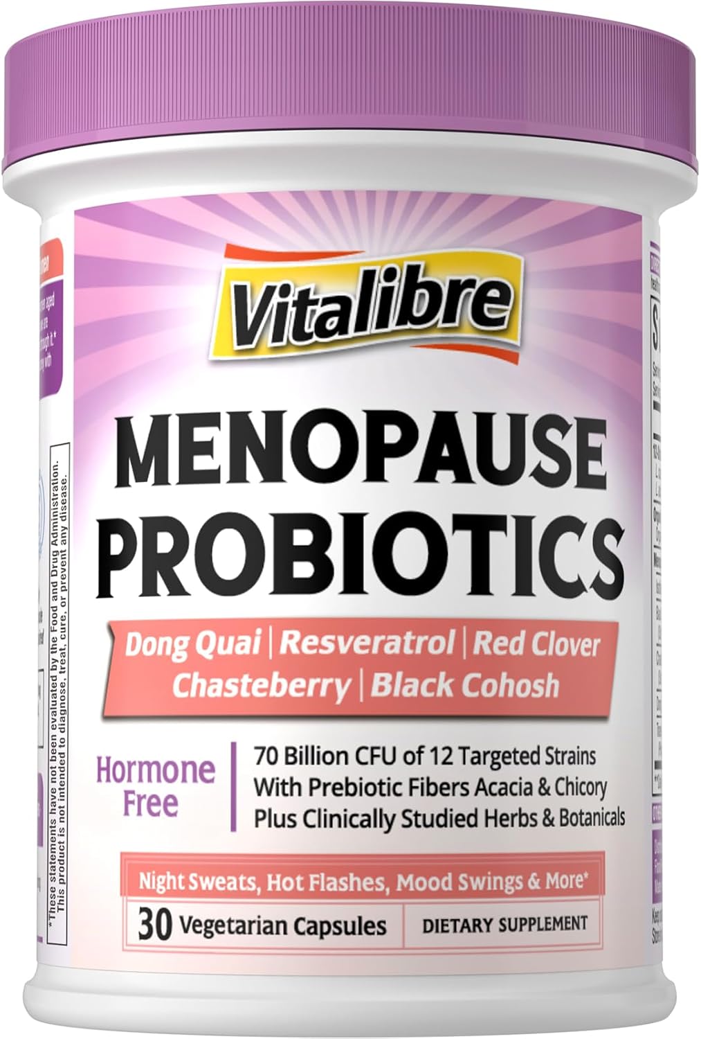Menopause Probiotics for Women 70 Billion CFU, 12 Targeted Strains, Organic Prebiotics, Black Cohosh Resveratrol Red Clover Chasteberry Dong Quai, Hot Flash Night Sweat+, No Estrogen, 30 Ct