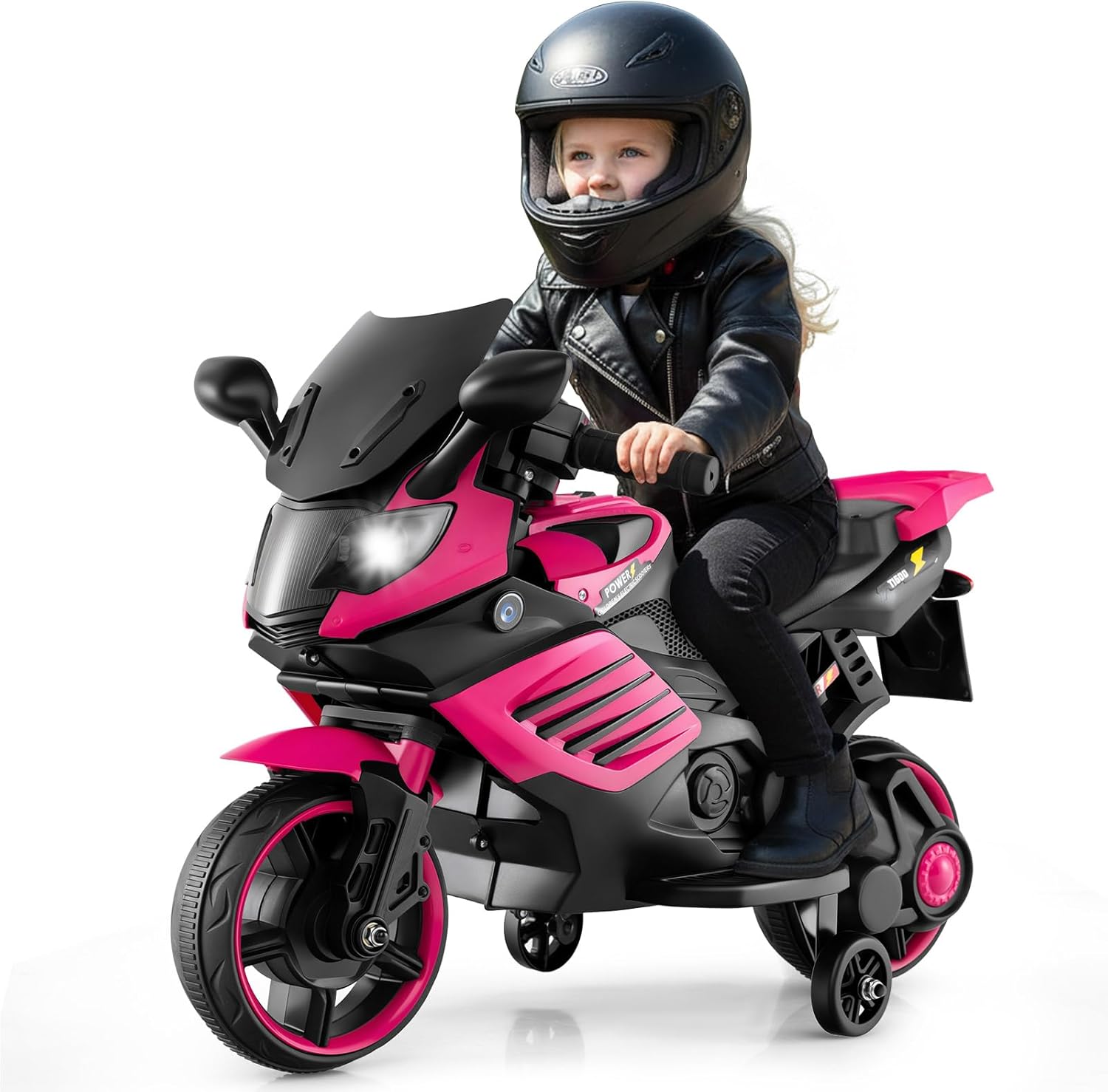 OLAKIDS 6V Kids Motorcycle with Training Wheels, Horn, Music, Headlight for Boys Girls Aged 3+ Years (Pink)