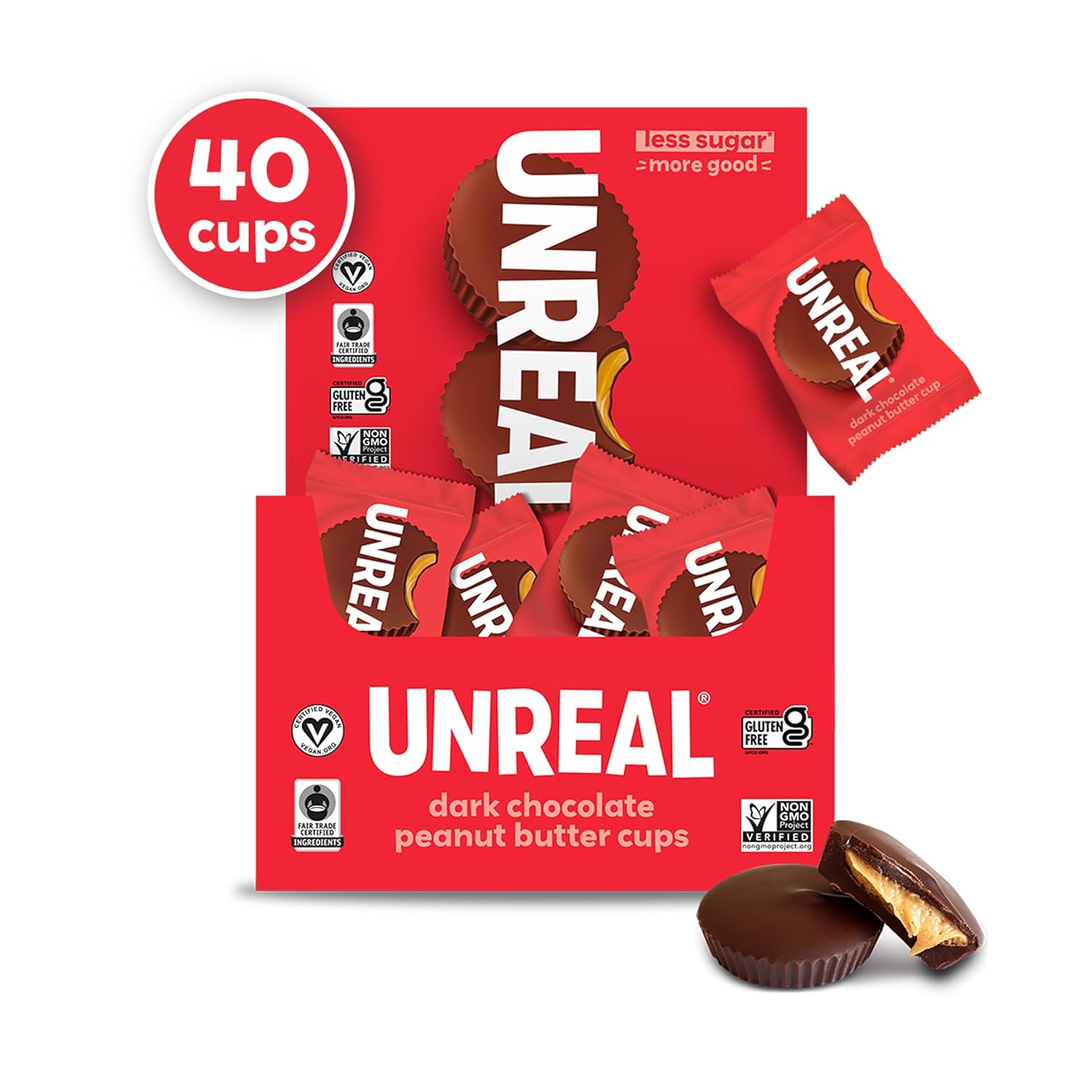 UNREAL Dark Chocolate Peanut Butter Cups (40 Individually Wrapped Cups) | Vegan, 5g Sugar | Gluten Free, Fair Trade, Non-GMO | .53oz each