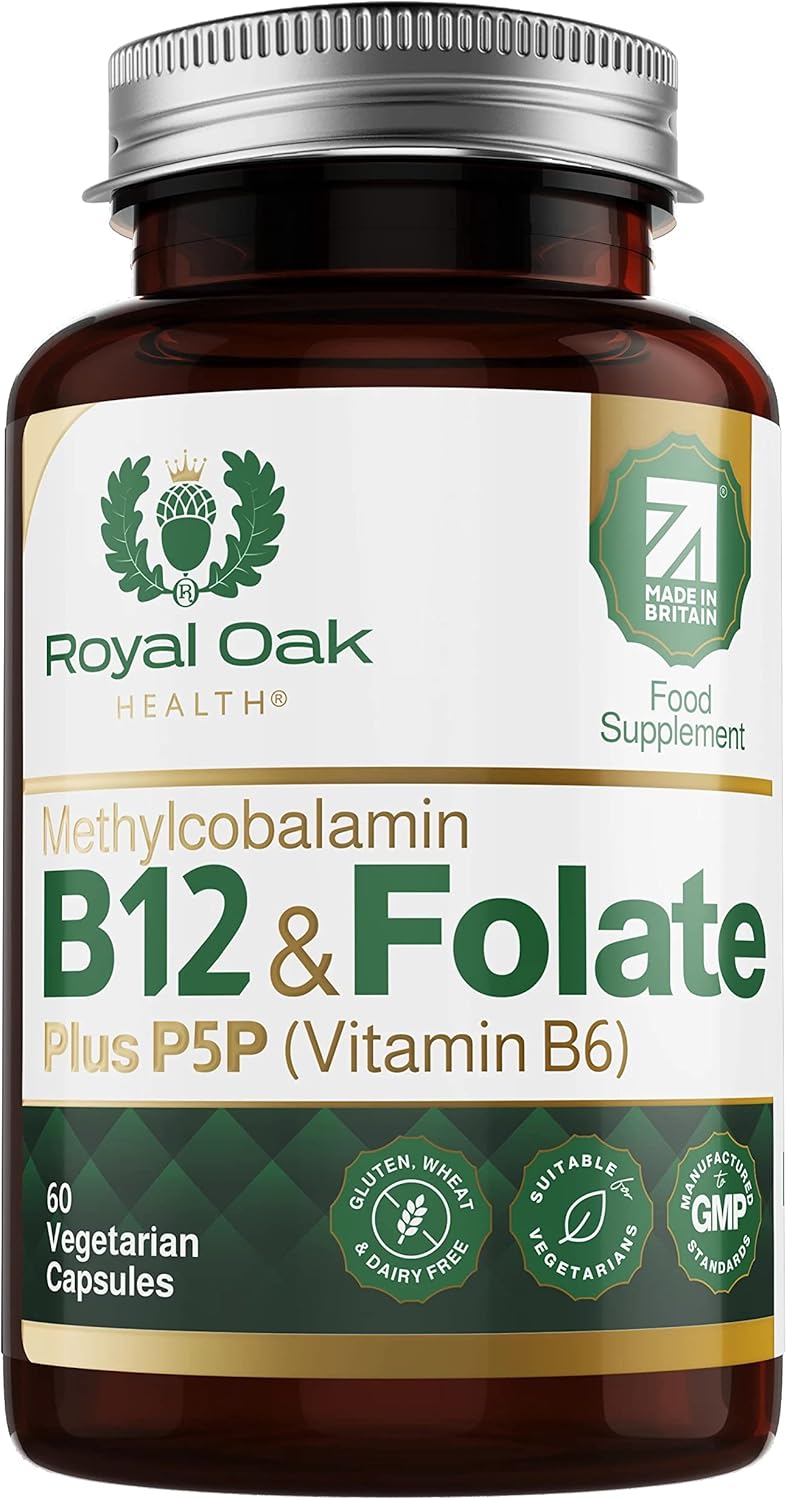 Royal Oak Health Vitamin B12 & Methyl Folate Supplement with P5P Vitamin B6 (60 Capsules / 2 Month Supply) Active Form 400μg l-Methylfolate Folic Acid, Vitamin B6, B9 & B12 Vitality Formula. UK Made