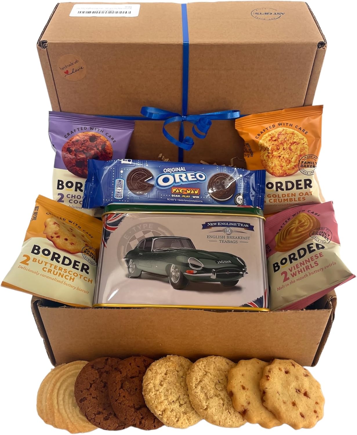 Tea Gift Set Hamper with Border Biscuits & reusable Tin English Teabags For Dad An Ideal Afternoon Tea gift basket for Father's 4 twin Biscuit Packs and Pack of 6 Oreos