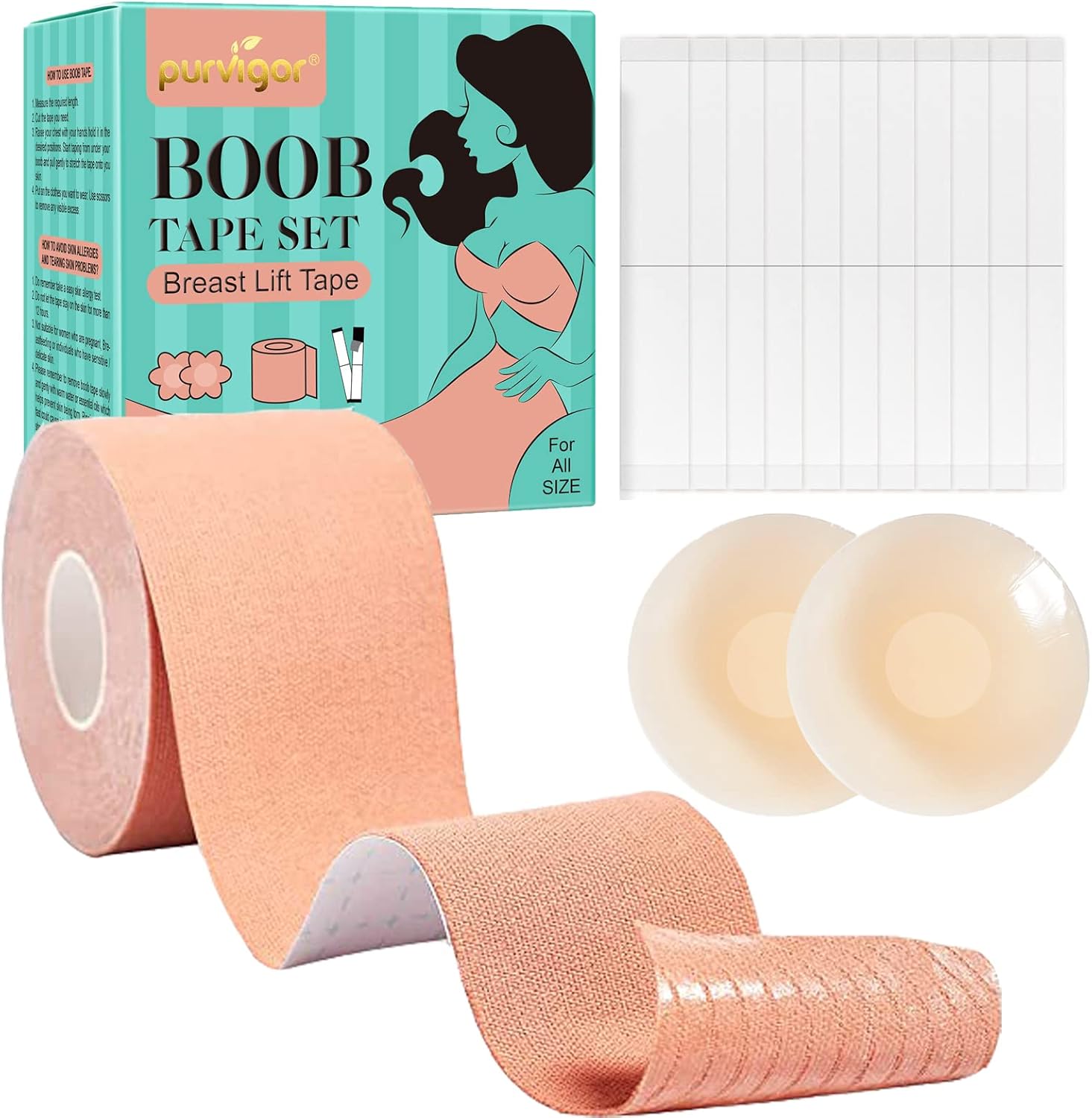 Boobytape Breast Lift Tape for Large Breasts (A-F) - Includes Silicone Nipple Covers and Double Sided Tape