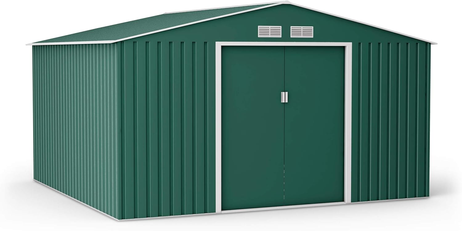 BillyOh Ranger Apex 11x10 Shed, Dark Green - Galvanised Steel Garden Storage Box for Tools & Bike with Vents, Foundation Kit - Lockable 2 Door Metal Shed for Outdoor Storage Cabinet Solution