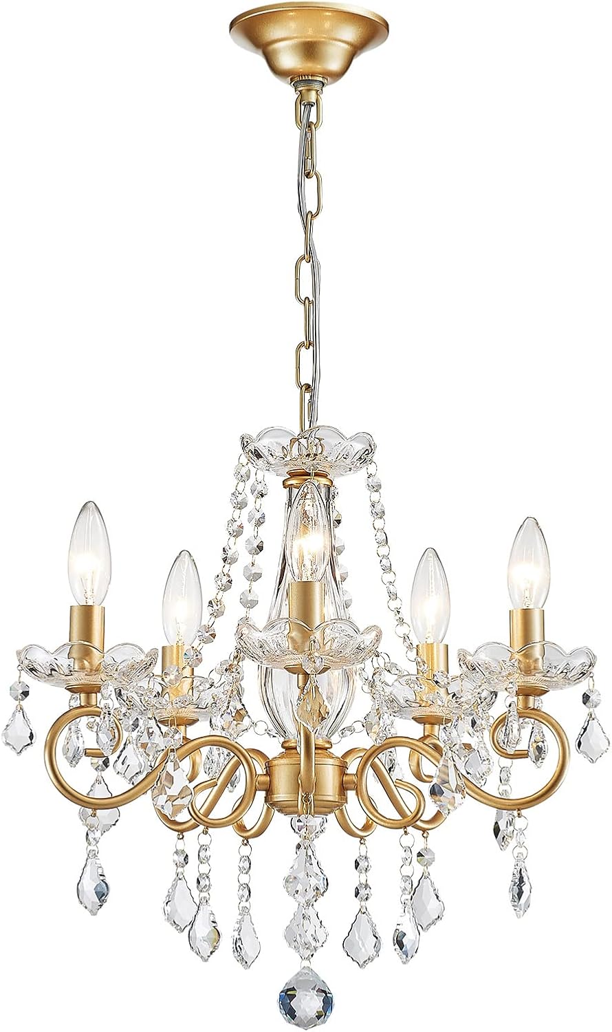 ANJIADENGSHI Mini Crystal Chandelier K9 Crystal Gold Chandelier for Living Room Bedroom Dining Room Kitchen Island Entryway 5 E12 Bulbs High 16.5 in x Diameter 16.9 in, Golden