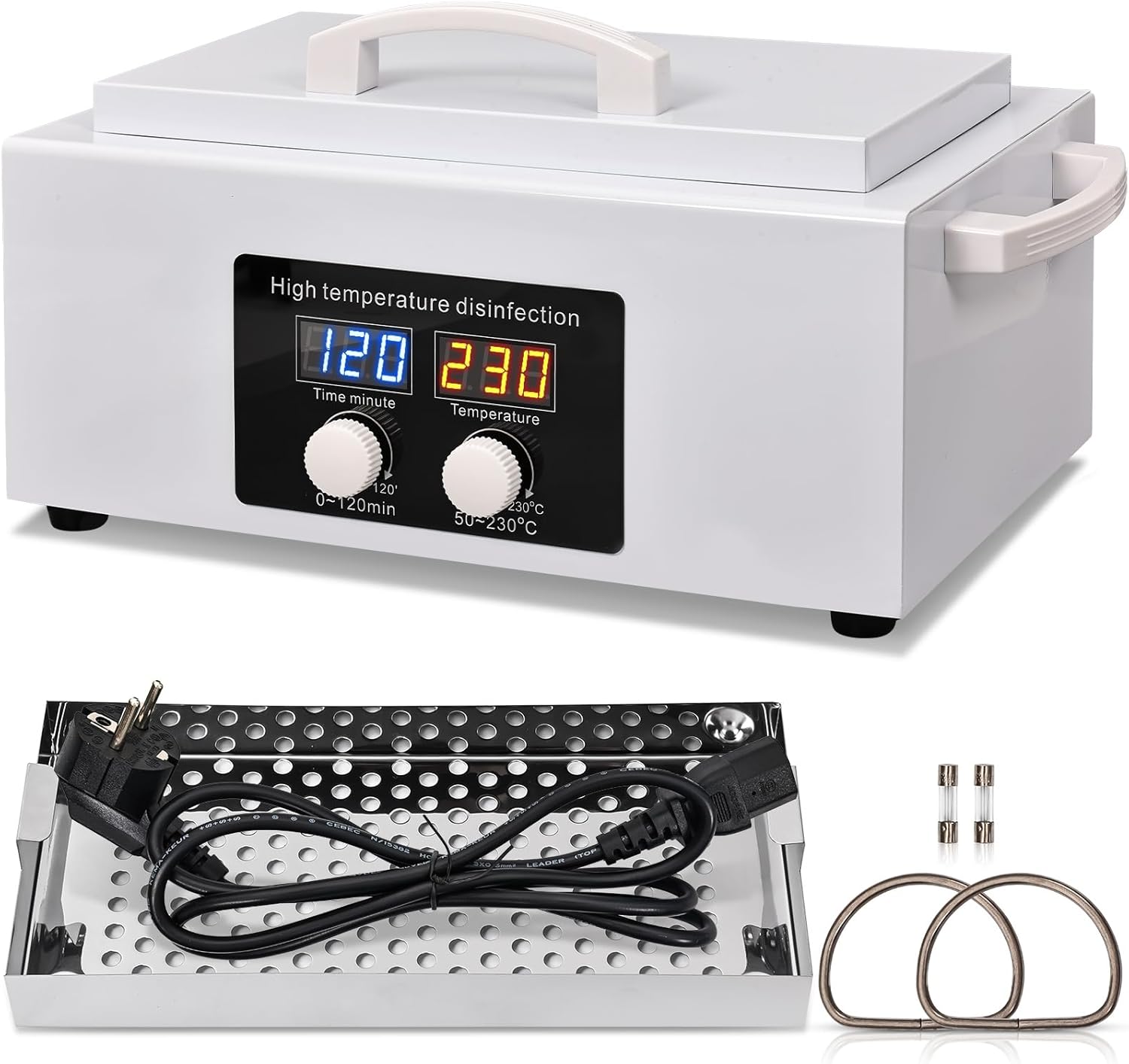 JOJOCOSMO High Temperature Metal Tool Steriliser, 300W Dry Heat Steriliser, 230°C Nail Art Tool DISINFENTOR with LED Temperature Display and Timer, SPA Salon Beauty Metal Tools SANITIZING CABINET