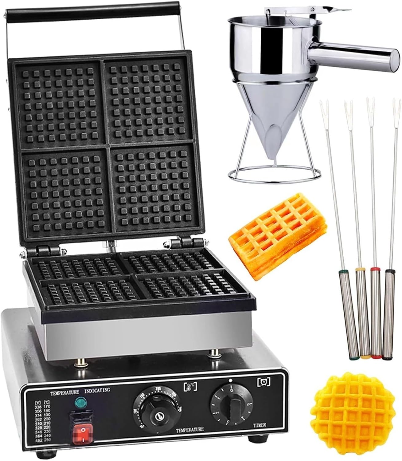 Waffle Makers & Irons, 1250W Commercial Waffle Maker with Non~stick Coating, Waffle Iron With Temperature Regulation, Timer, Double~sided Heating