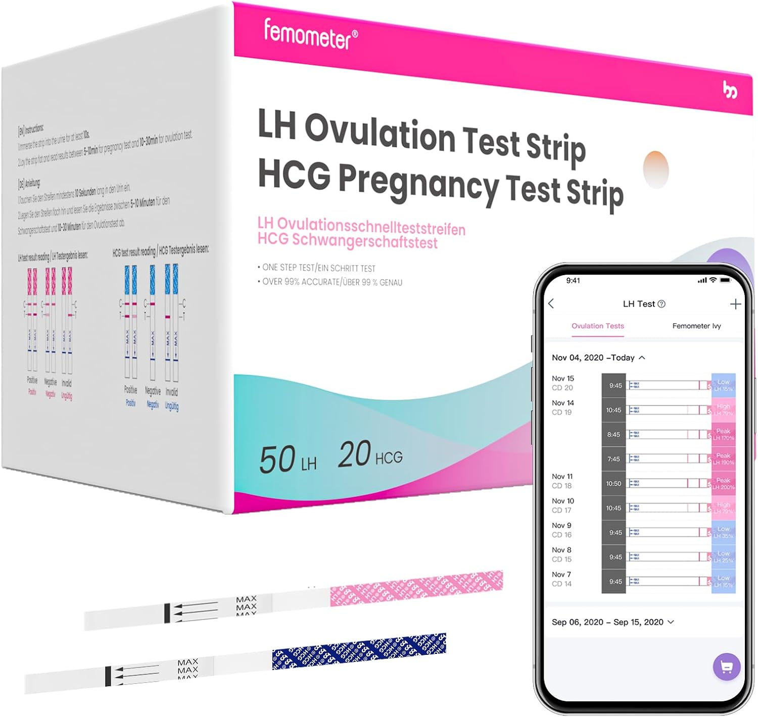 femometer Home 50 x Ovulation Test Strips and 20 x Pregnancy Test Strips, LH & HCG Test Kit - Know Your Peak Fertility Days, Help You Get Pregnant - Over 99% Accurate, Easy to Use