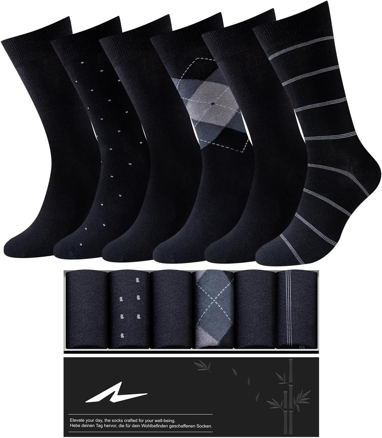 Mens Dress Socks, 6 Pairs Soft Breathable Bamboo Rayon Socks, Classic Mid Calf Socks for Men with Exquisite Box