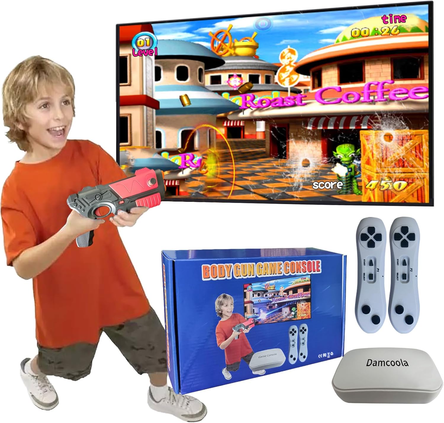 Damcoola Game Console with 100+ Games, Handheld Retro Video Console for Kids& Adults, Game System with AR Gun,2 Game Controller, TV Plug& Play, Xmas Birthday Toy Gift for Boys& Girls Age 3 +