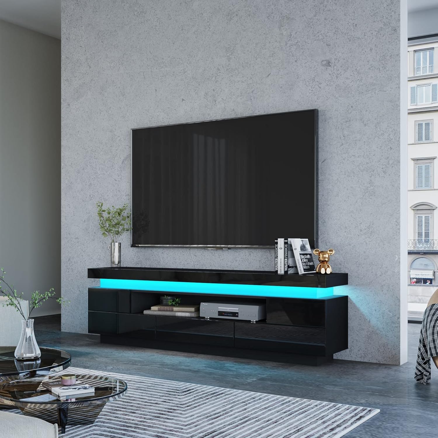 TV Cabinet with LED Light 5 Drawers 1 Open Case for Living Room Furniture Sideboard High Gloss Front TV Stand Unit Entertainment Centre TV Console Media Unit Black 150CM