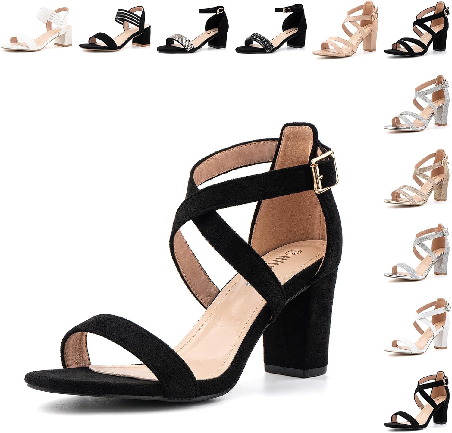 Hitmars Women’s Open Toe Ankle Strap Low Block Chunky Pumps Heels Sandals Party Drees Shoes Comfortable Womens Pumps Shoes Black Beige Gold Nude Silver Size 6-11 US