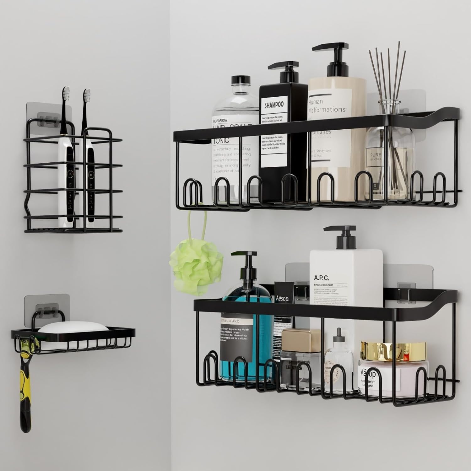 PRIME FEEL Shower Caddy no Drill, 4-Pack Stainless Steel Shower Shelf Organiser, Bathroom Accessory Set Including 2 x Bathroom Shelves, 1 x Toothbrush Holder, 1 x Soap Holder, 4 x Adhesive Pads, Black