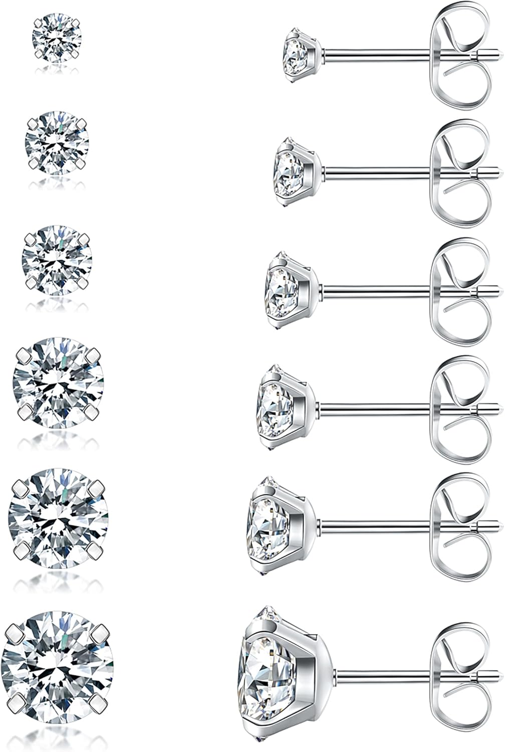 6 Pairs Stud Earrings Set, Hypoallergenic Cubic Zirconia 316L Earrings Stainless Steel CZ Earrings 3-8mm (Steel color)