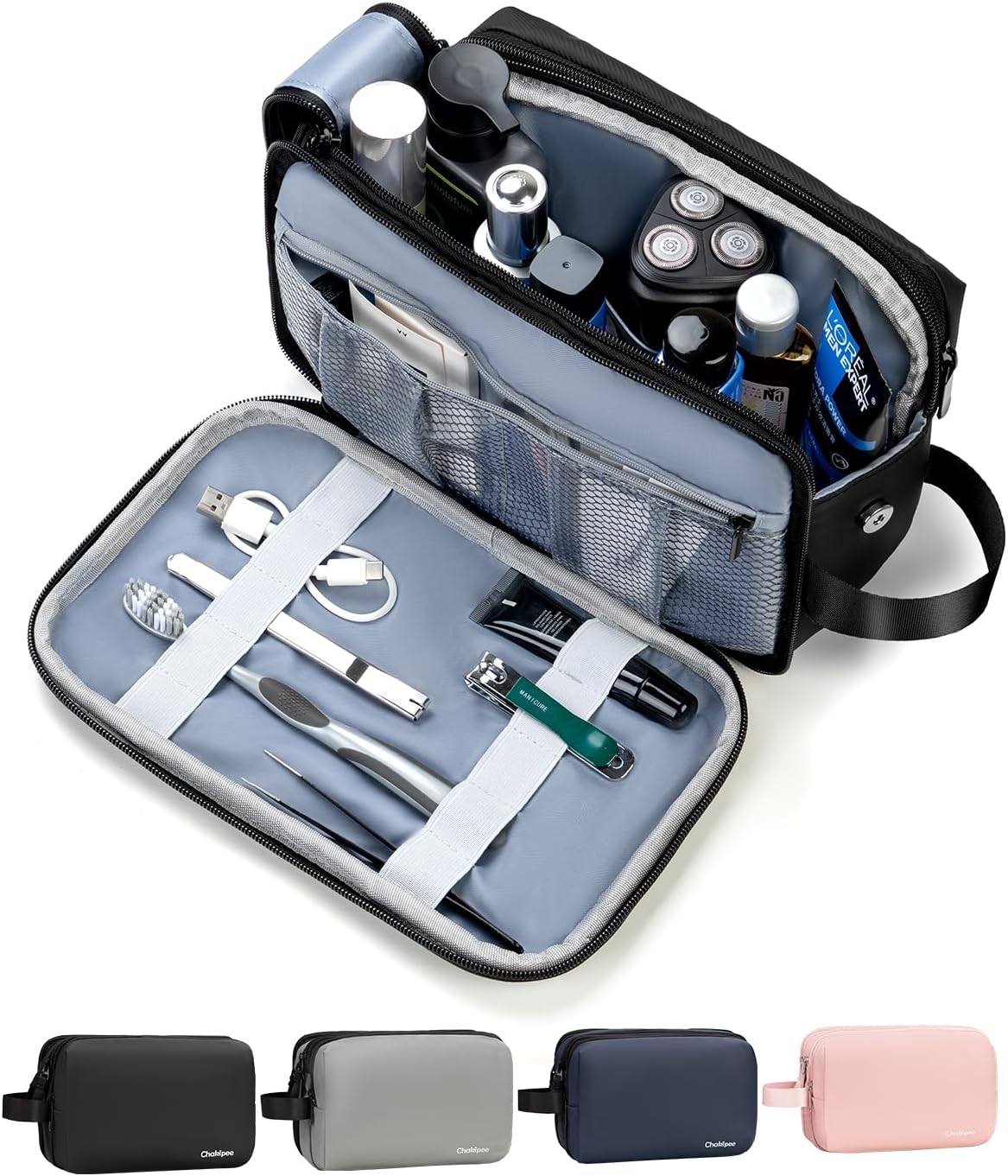 Ckakipee Wash Bag Toiletry Bag for Men and Women Travel Large Water-Resistant Gym Shaving Organizer, Lightweight Dopp Kit Shower Bathroom Makeup Washbag with Handle for Toiletries (Black)