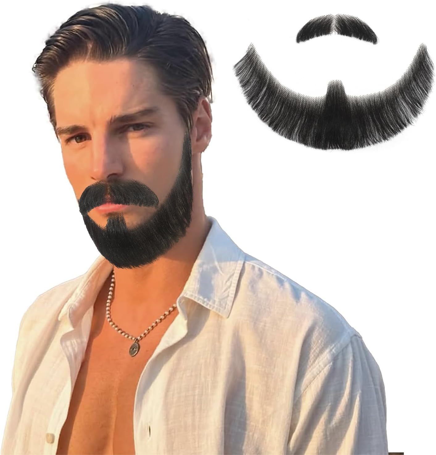 Soft Human Hair Beard Lace Base Hand Knotted Realistic Mustache for Adults Costume Party Funny Cosplay Fake Full Beard