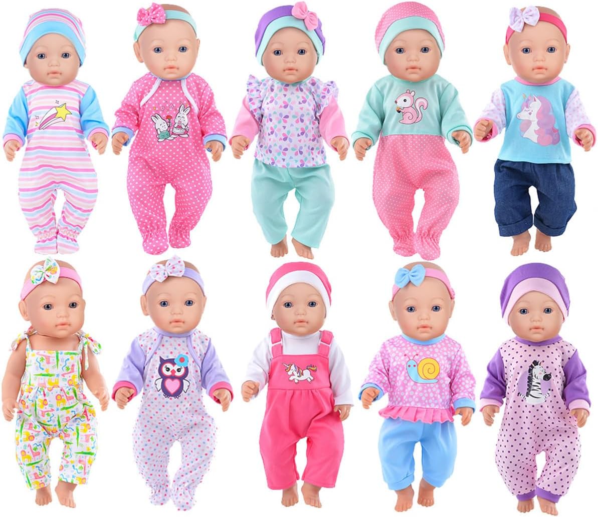 iBayda 10 Sets Doll Clothes & Accessories Include Rompers, Outfits for 14-17 Inch (35-43cm) New Born Baby Dolls (Doll Not Included)