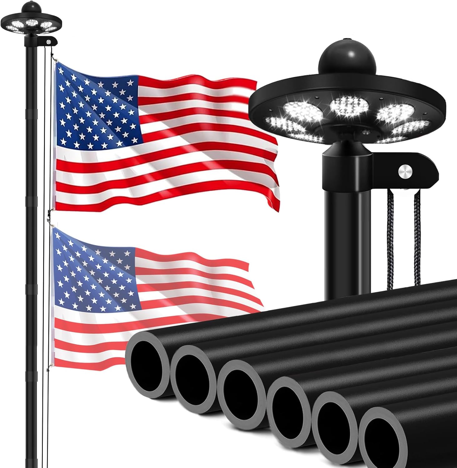 25FT 11 Gauge Heavy Duty Flag Pole Light Solar Powered,Extra Thick Ground Flag Pole for Outside House with 136 LED Light & 3x5 American Flag,120MPH Wind Rated,Black