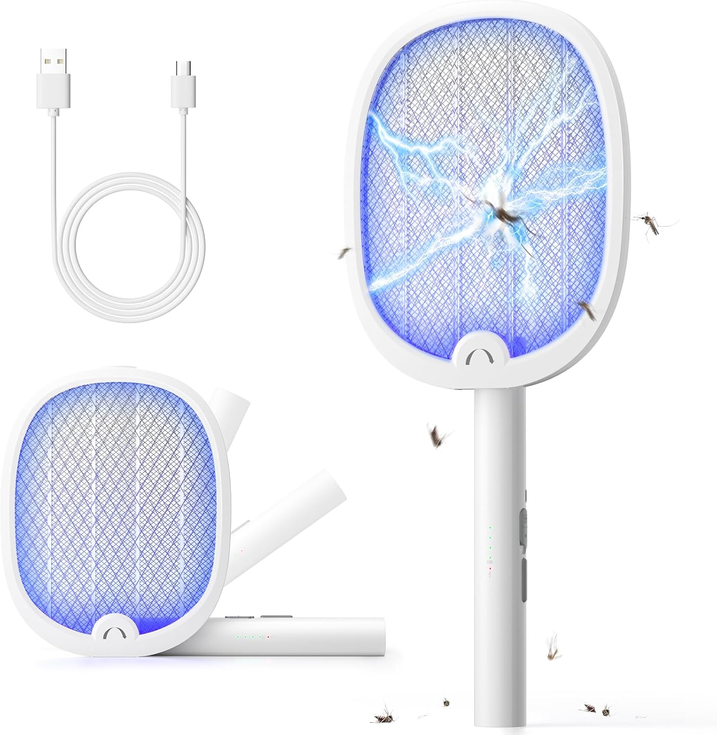 YISSVIC Electric Fly Swatter Foldable Fly Zapper Killer 4000V Mosquito Bug Zapper Racket 1800mAh Rechargeable with USB-C Cable for Indoor Home Outdoor White