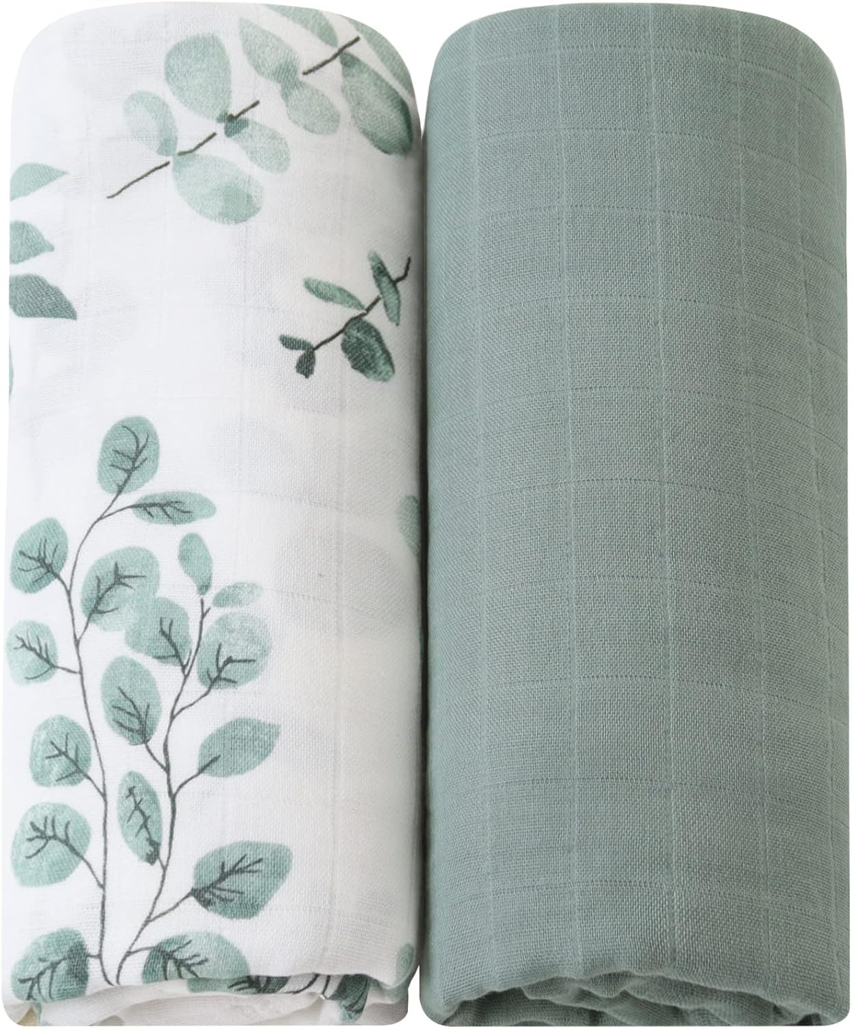 LifeTree Muslin Swaddle Blankets, 2 Pack Baby Swaddling Neutral Receiving Blanket for Boys & Girls, 70% Viscose from Bamboo & 30% Cotton, Large 47" X 47" Eucalyptus Leaves/Sage