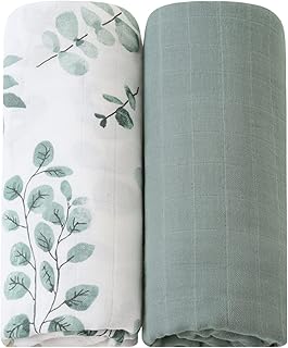 LifeTree Muslin Swaddle Blankets, 2 Pack Baby Swaddling Neutral Receiving Blanket for Boys & Girls, 70% Viscose from Bamboo & 30% Cotton, Large 47" X 47" Eucalyptus Leaves/Sage