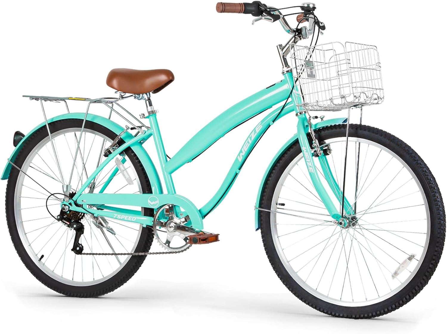 WEIZE Beach Cruiser Bike, 26 inch Commuter Bicycle for Adult Men and Women, 7-Speed/High-Carbon Steel/Front & Rear Fenders, Comfortable City Bikes with Rear Rack or Basket, Ergonomic Upright Design