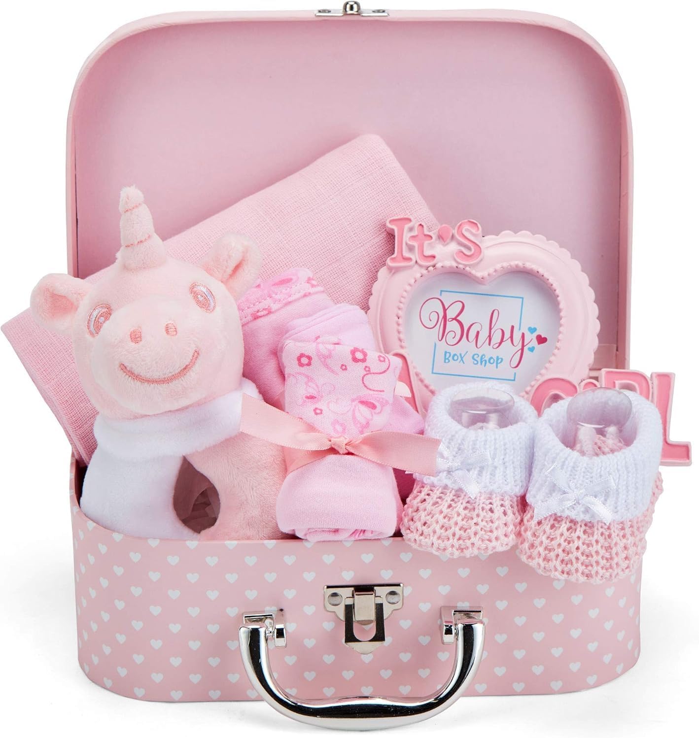 Baby Box Shop - Girl Gift Set, Newborn Essentials, Baby Shower Gifts for Girls, Keepsake Box with Pink Unicorn Rattle, Bib, Booties, Mittens, Hat, Photo Frame & Muslin Cloth - Premium Baby Hamper