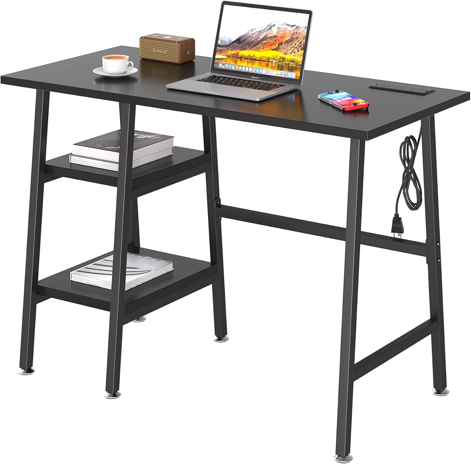 VECELO Computer Desk with USB Charging Port &Power Outlet, Teen Study Table with Storage Shelves for Home Office, 43 Inch Work Desk Charging Station, Black