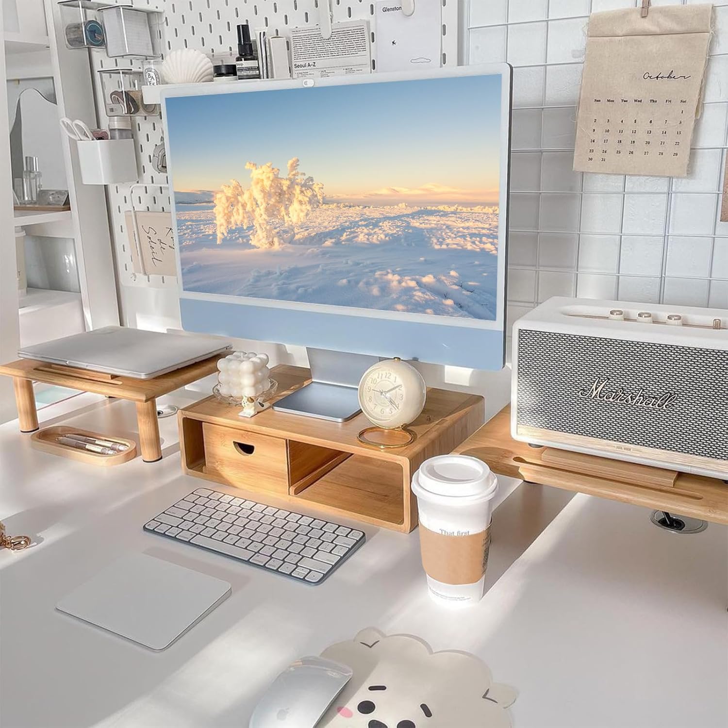 ROCDEER Bamboo Dual Monitor Shelf for 2 Monitors, Monitor Stand Riser, Underneath Storage for Desk Office Supplies, and Supports for Computer Monitor, Heavy TV Riser up to 130 lbs, Natural