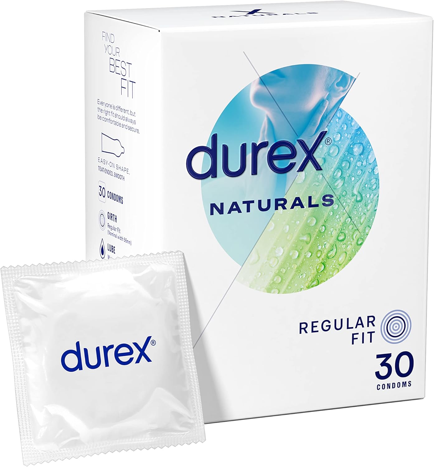 Durex Naturals, Regular Fit, 30 Condoms, Thin, Natural Rubber Latex, with Water Based Lube, Gentle Formula