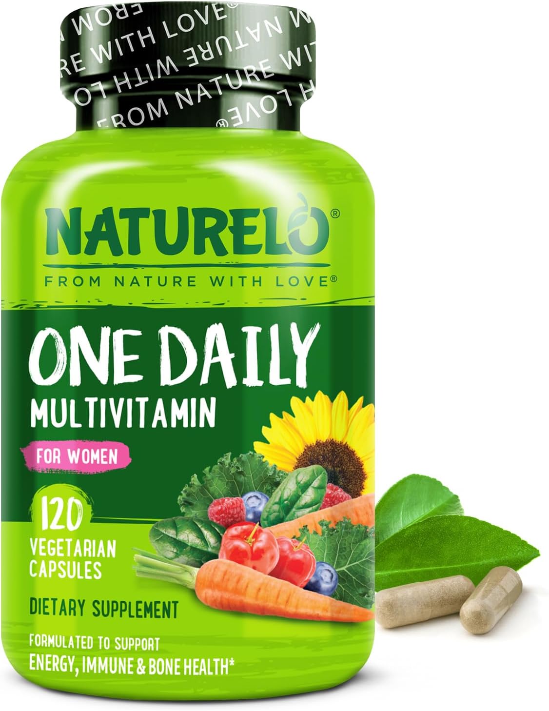 NATURELO One Daily Multivitamin for Women - Energy Support - Whole Food Supplement to Nourish Hair, Skin, Nails - Non-GMO - No Soy - Gluten Free - 120 Capsules - 4 Month Supply