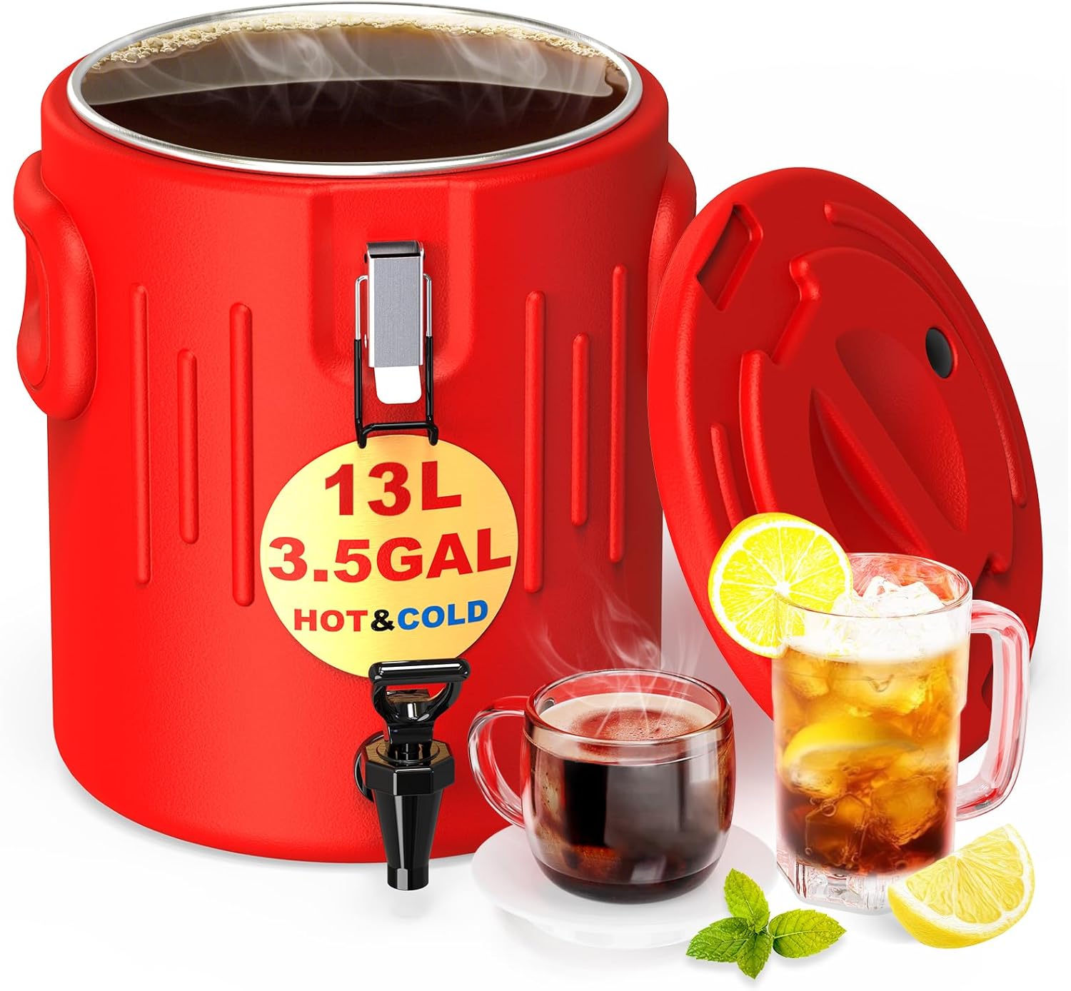 Insulated Beverage Dispenser 3.5 Gallon- Ice and Hot Drink Dispenser with 304 Stainless Steel Interior and Spout, Portable Hot Water Dispenser, Outdoors Cooler Jug for Camping Party Sports