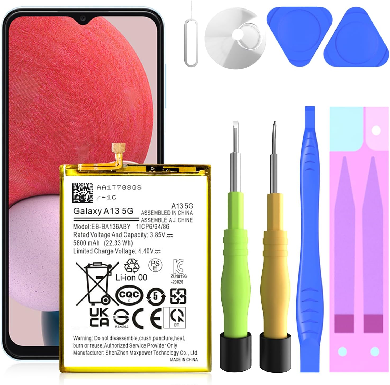 Galaxy A13 Battery,[5800mAh](𝟮𝟬𝟮𝟰 𝗡𝗲𝘄 𝗨𝗽𝗴𝗿𝗮𝗱𝗲𝗱) EB-BA136ABY Replacement Battery for Samsung Galaxy A13 5G SM-A136U SM-A136U1 SM-A136W with Adhesive Tape Tool Repair Kit