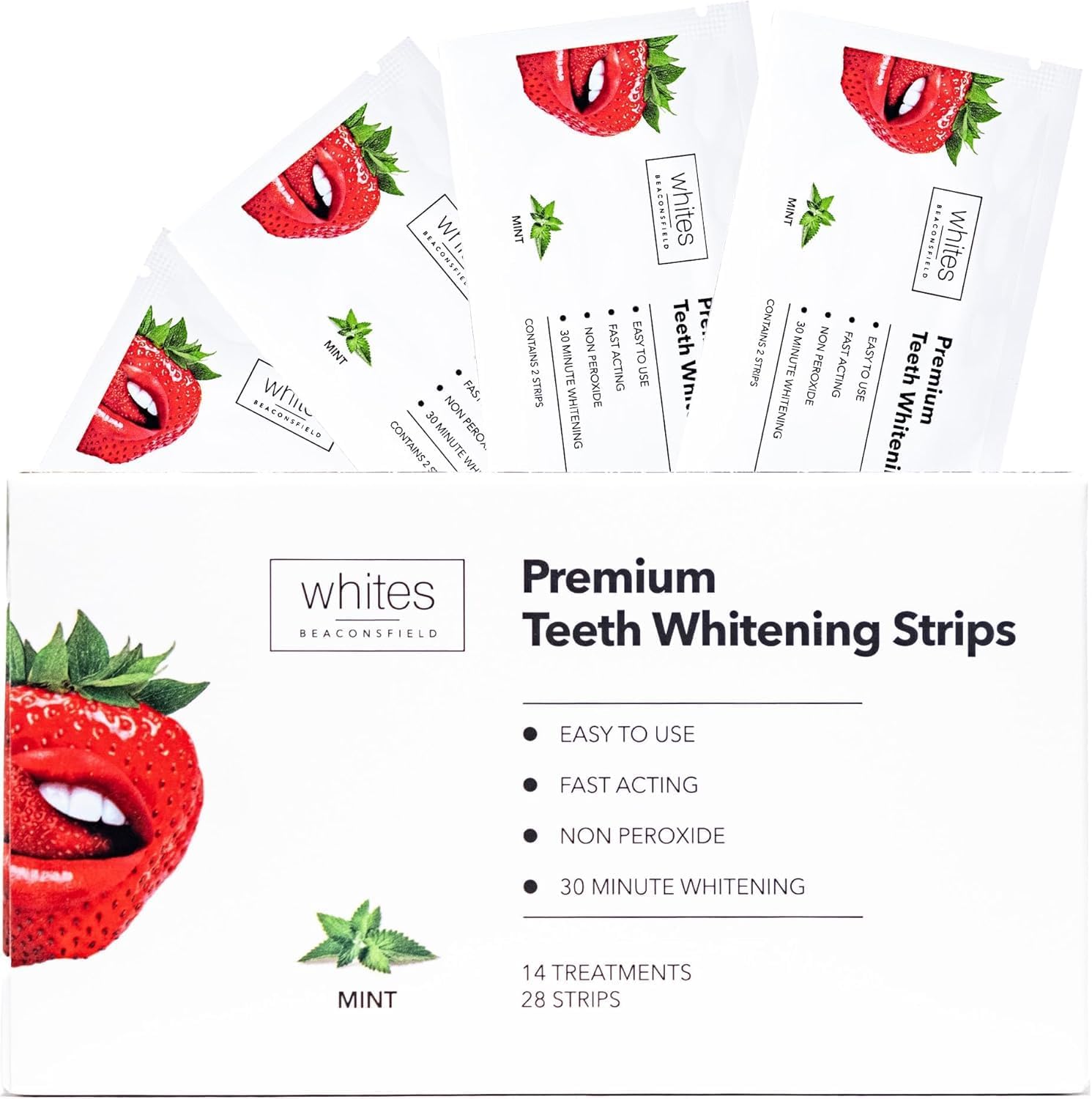 Whites Beaconsfield Teeth Whitening Strips – Non-Peroxide Formula, Enamel-Safe, 28 Strips (14-Day Treatment), Brighten Teeth Fast, Removes Coffee, Wine, Smoke Stains, Safe for Sensitive Teeth
