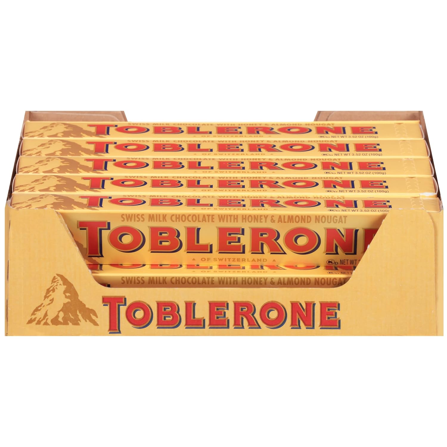 Toblerone Swiss Milk Chocolate Candy Bars with Honey and Almond Nougat, 20-3.52 oz Bars