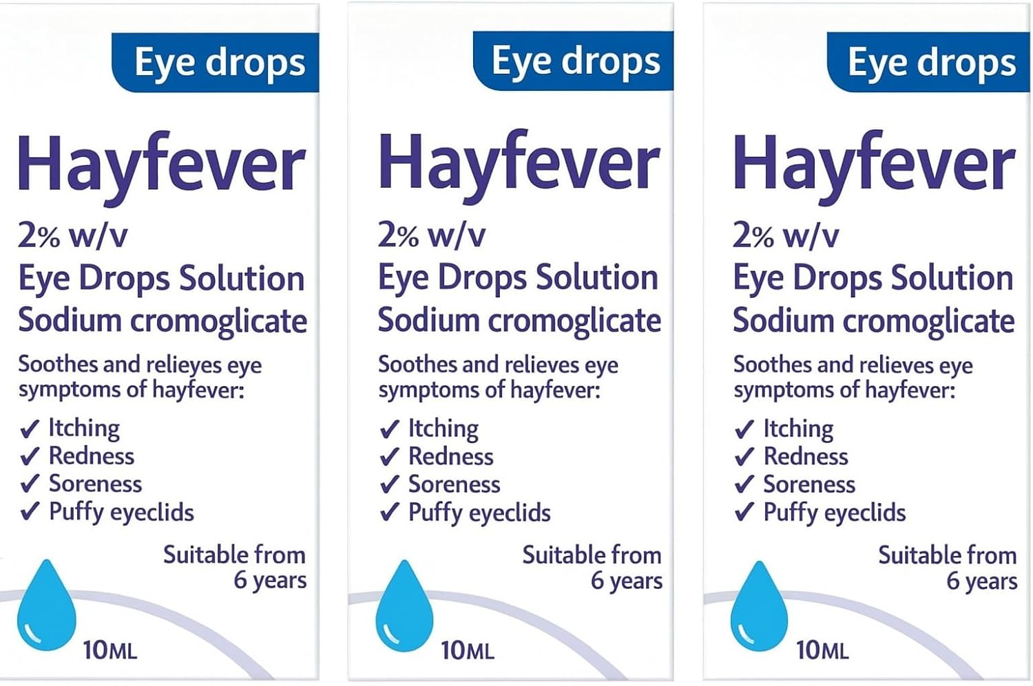 3 Pack Hayfever 2% w/v Eye Drops Allergy Itching Redness Watering 10ml