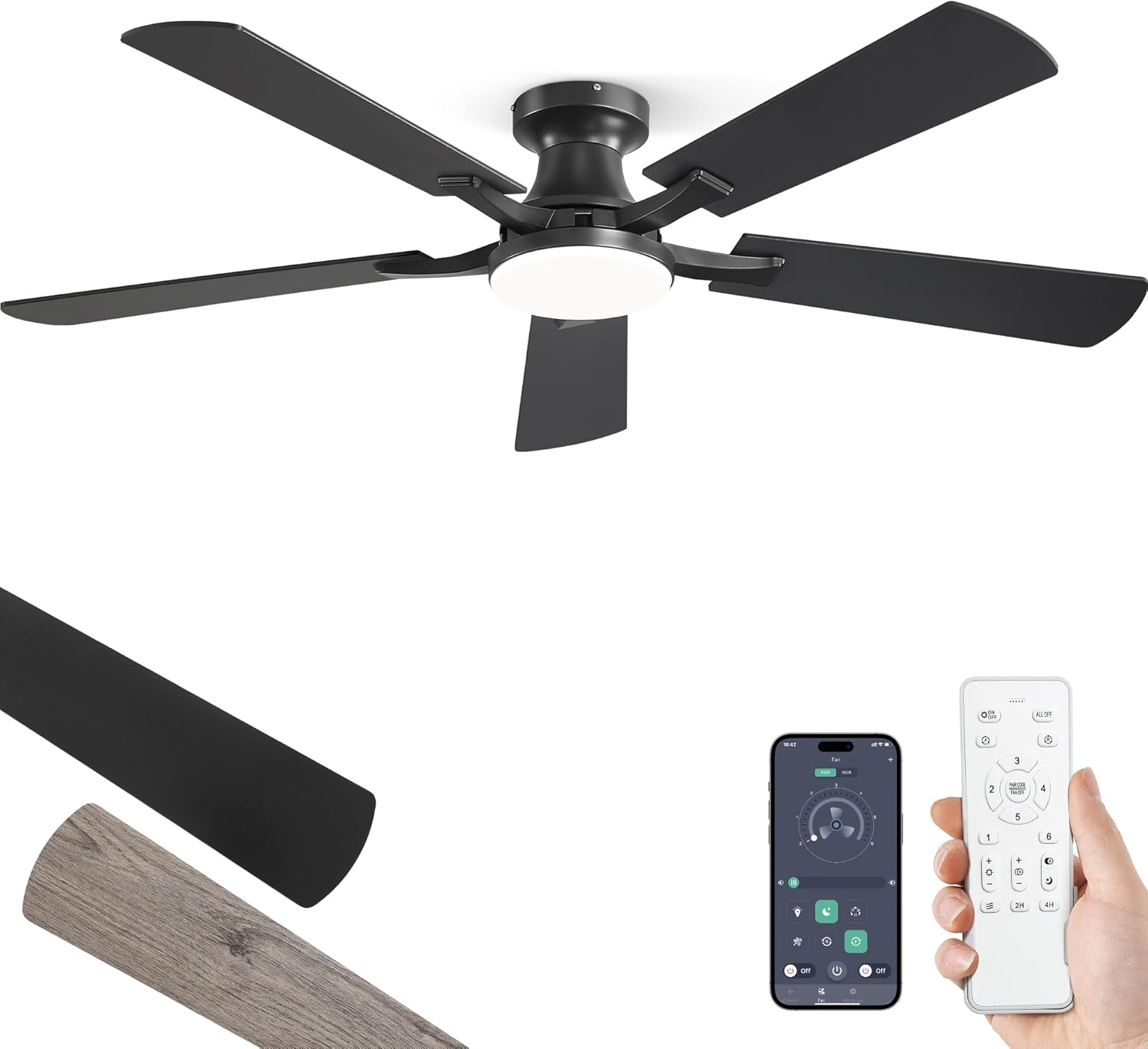 52 Inch Ceiling Fan with Light, App&Remote Control, Flush Mount Low Profile, Dimmable 20W LED Light, Quiet Reversible Motor for Bedroom, Living Room, Apartment, Black