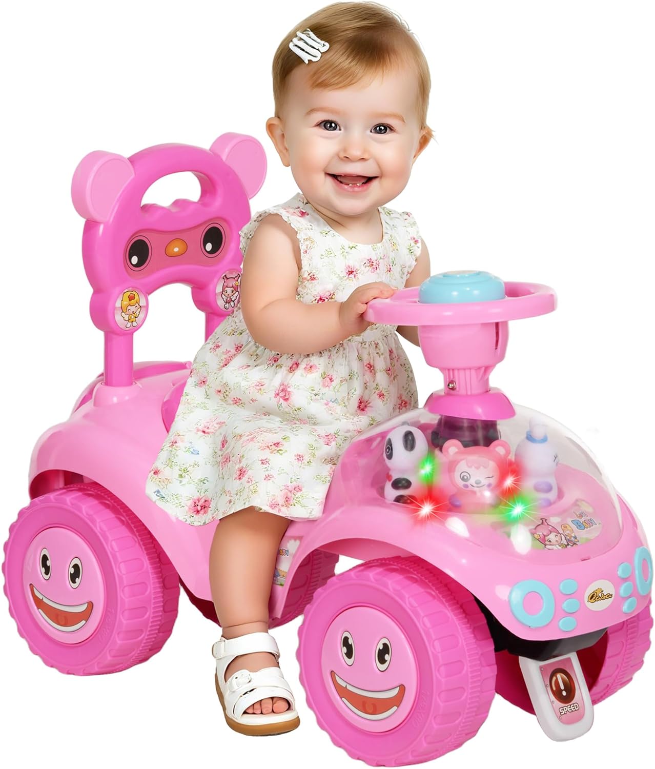 AIYAPLAY Ride on Car, Push Along Toy, Toddler Car Foot to Floor with Under Seat Storage, Anti-Over-Backwards Device, Horn, Music, Light, for 18-36 Months, Pink