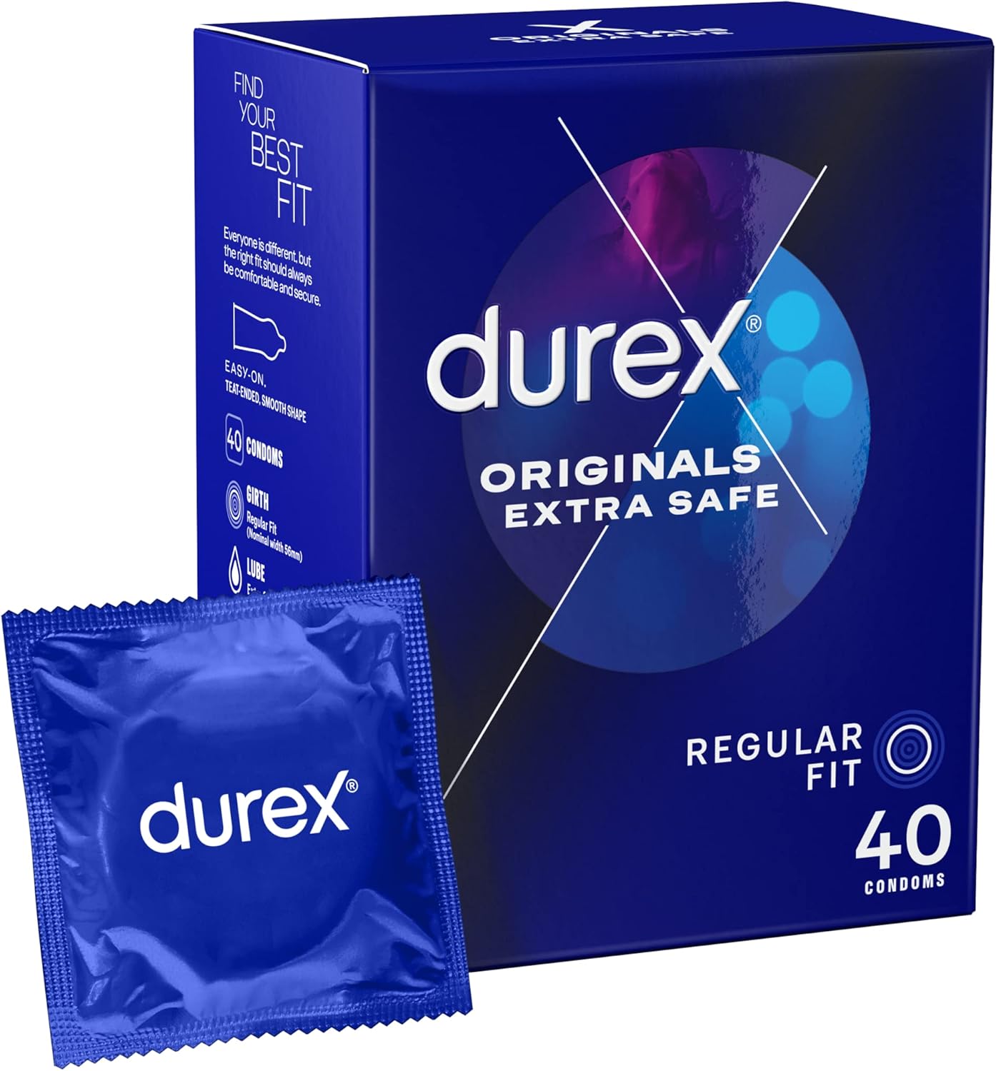 Durex Originals Extra Safe Condoms, Regular Fit, 40 Pack, Easy On Shape, Enhanced with Silicone Lubricant for Comfort and Protection