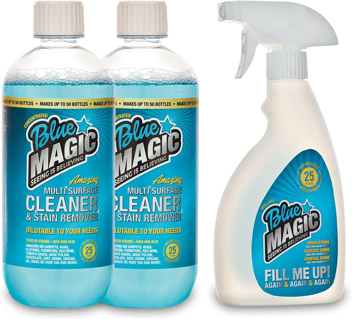 Blue Magic Pack 2x500ml with Empty Trigger Bottle and Measuring Cup Multi Purpose Cleaner Concentrate