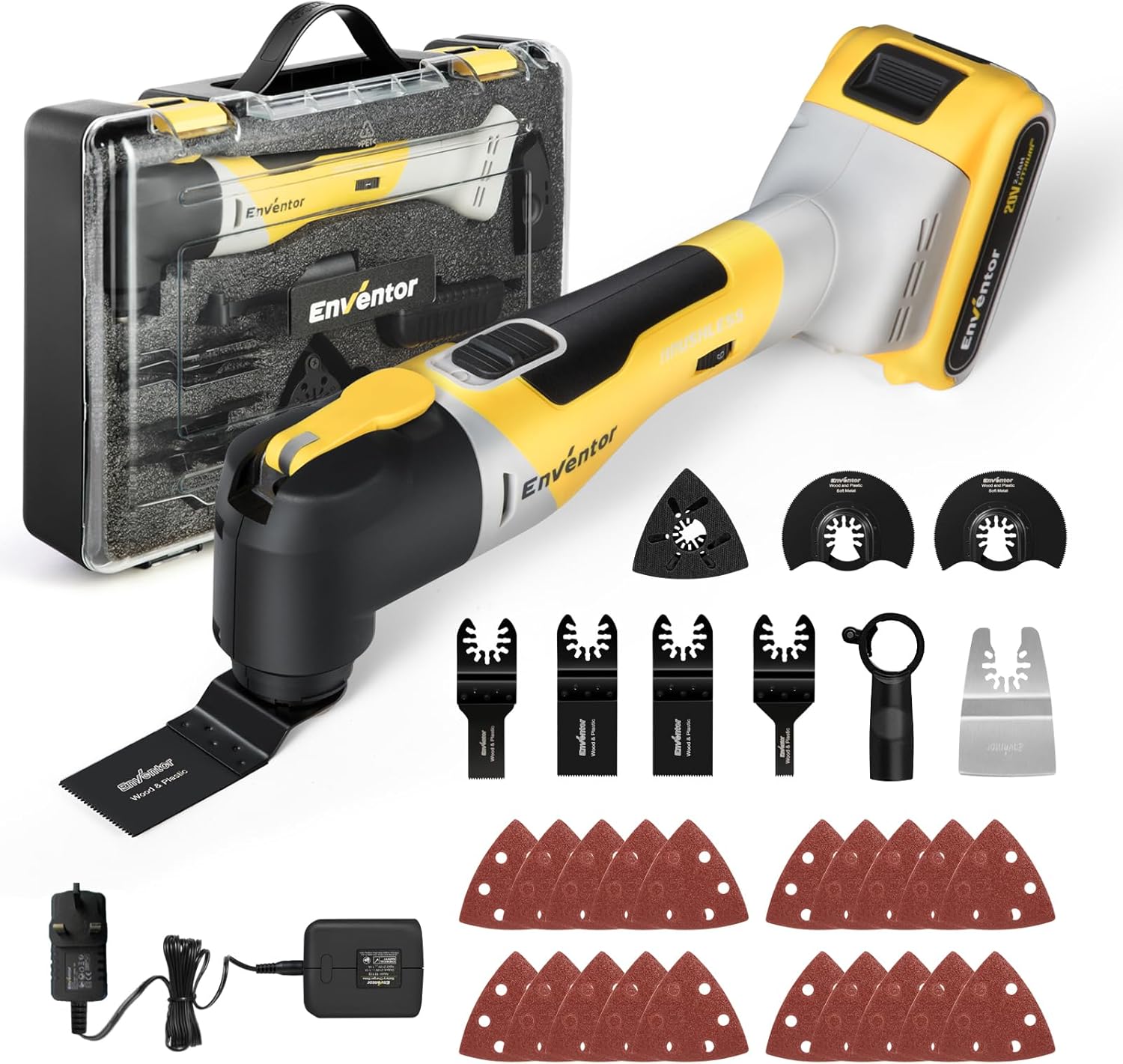 Enventor Brushless Oscillating Multi-Tool, 20V Cordless Oscillating Multi Tools with 2.0Ah Battery, 12000-19500RPM, 6 Variable Speeds, 4°Oscillation Angle, Blade Quick-Change, 28Pcs Accessories 98606