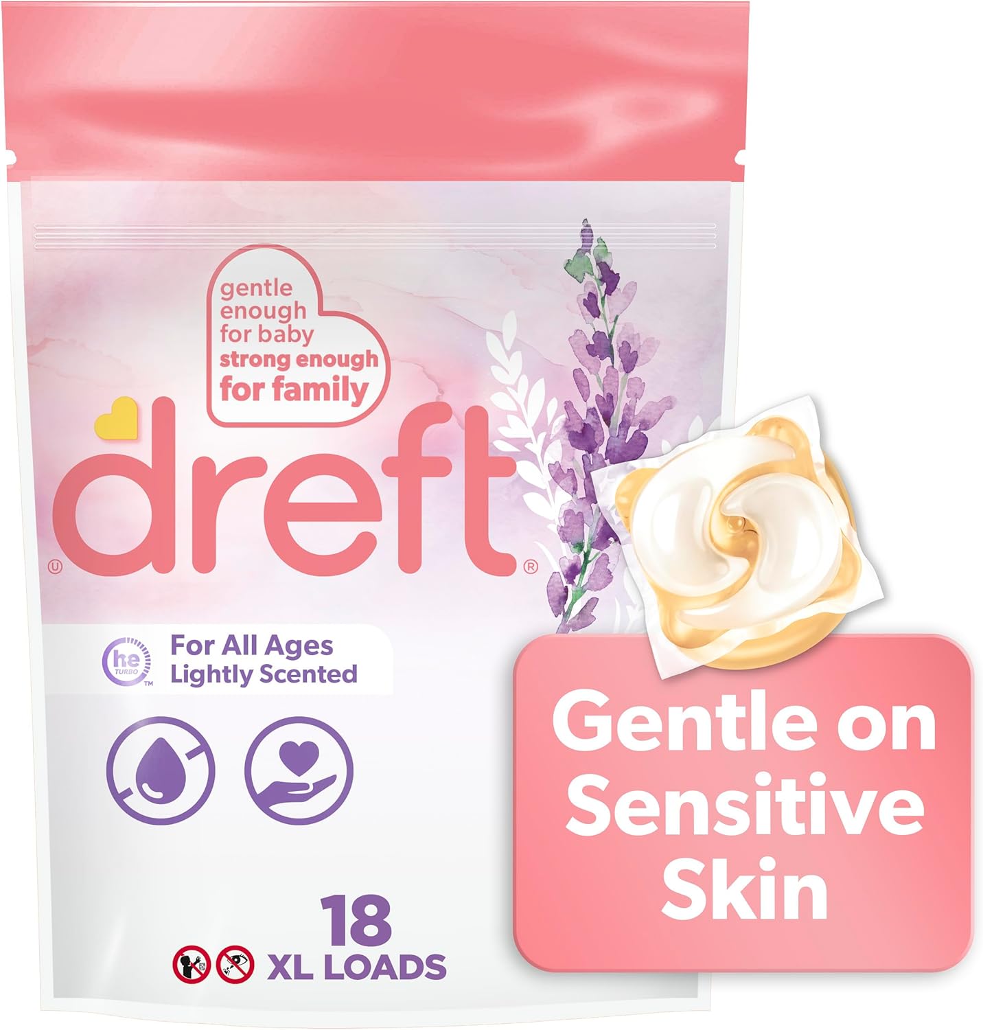 Dreft Laundry Detergent XL Pacs, Light Scent, Lavender, 18 Count