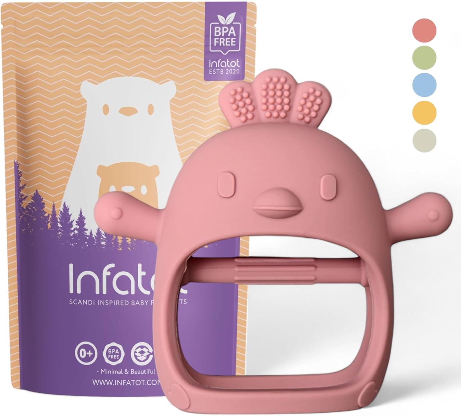 Infatot® Teething Toys for Baby Gifts – Chicken Silicone Mitten Teether, Soothing Glove for Infants, Baby Toys 0-6 Months, Soft Chewable Teether Toy to Prevent Finger Sucking, Plum