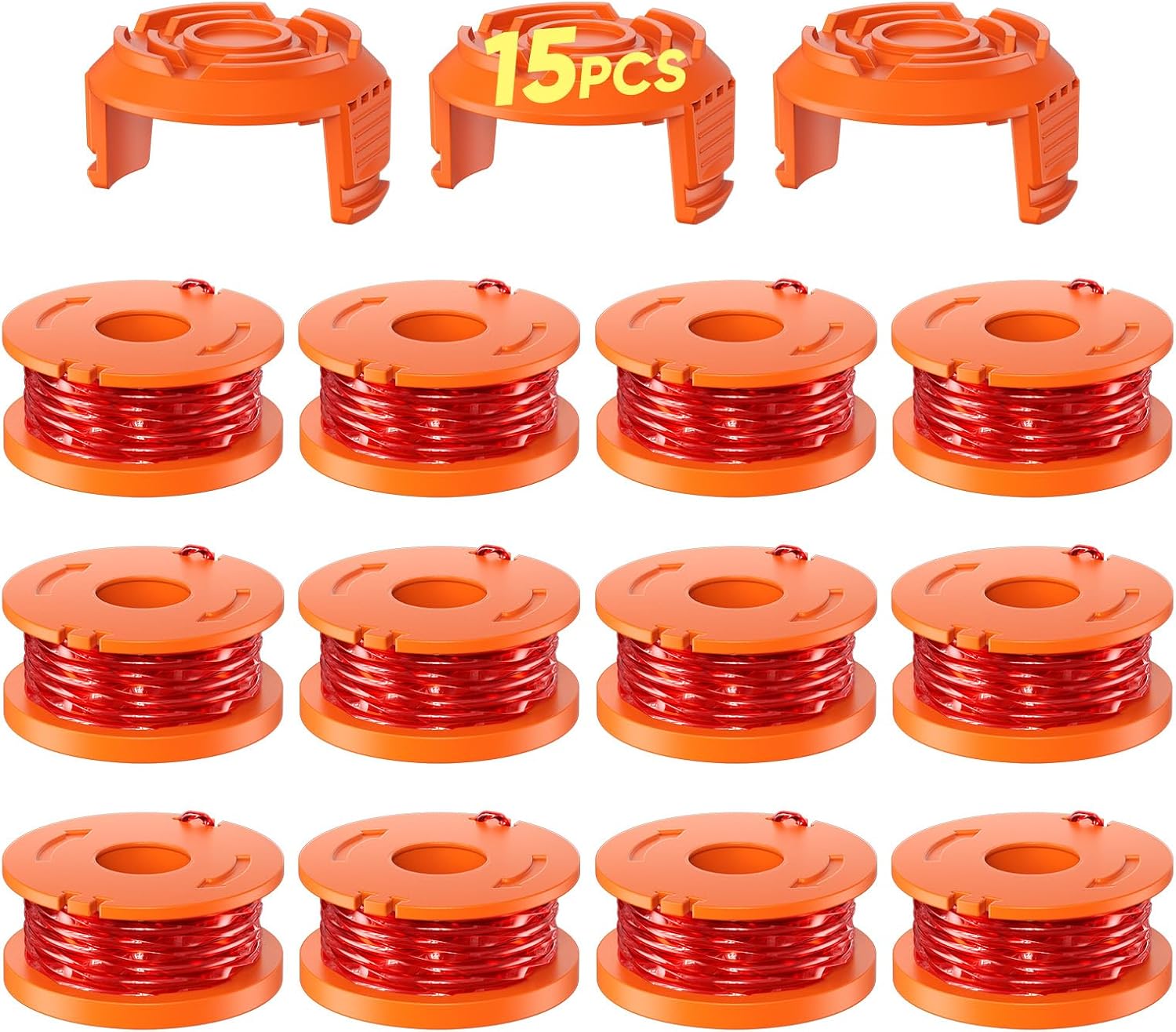 15 Pack WA0010 Weed Eater String Compatible with Worx, 0.065 inch 10ft/Pack, Replacement Trimmer Line Spool, Compatible with Worx String Trimmers (12 Line spools+ 3 Caps)