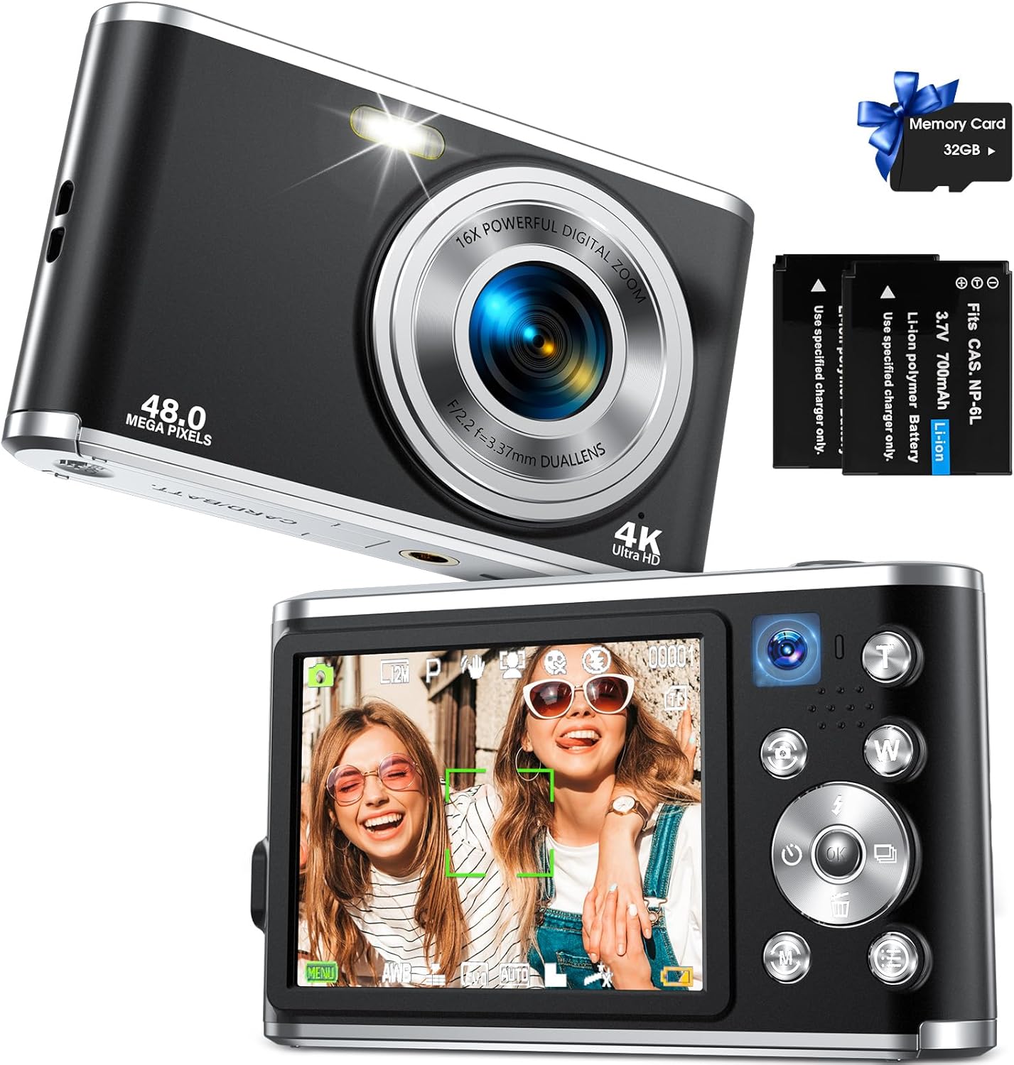 Digital Camera, Auto Focus FHD 4K Vlogging Camera with Dual Camera 48MP 16X Digital Zoom Kids Compact Camera with 32GB Memory Card Portable Point and Shoot Cameras for Teens Beginner Adult,Black