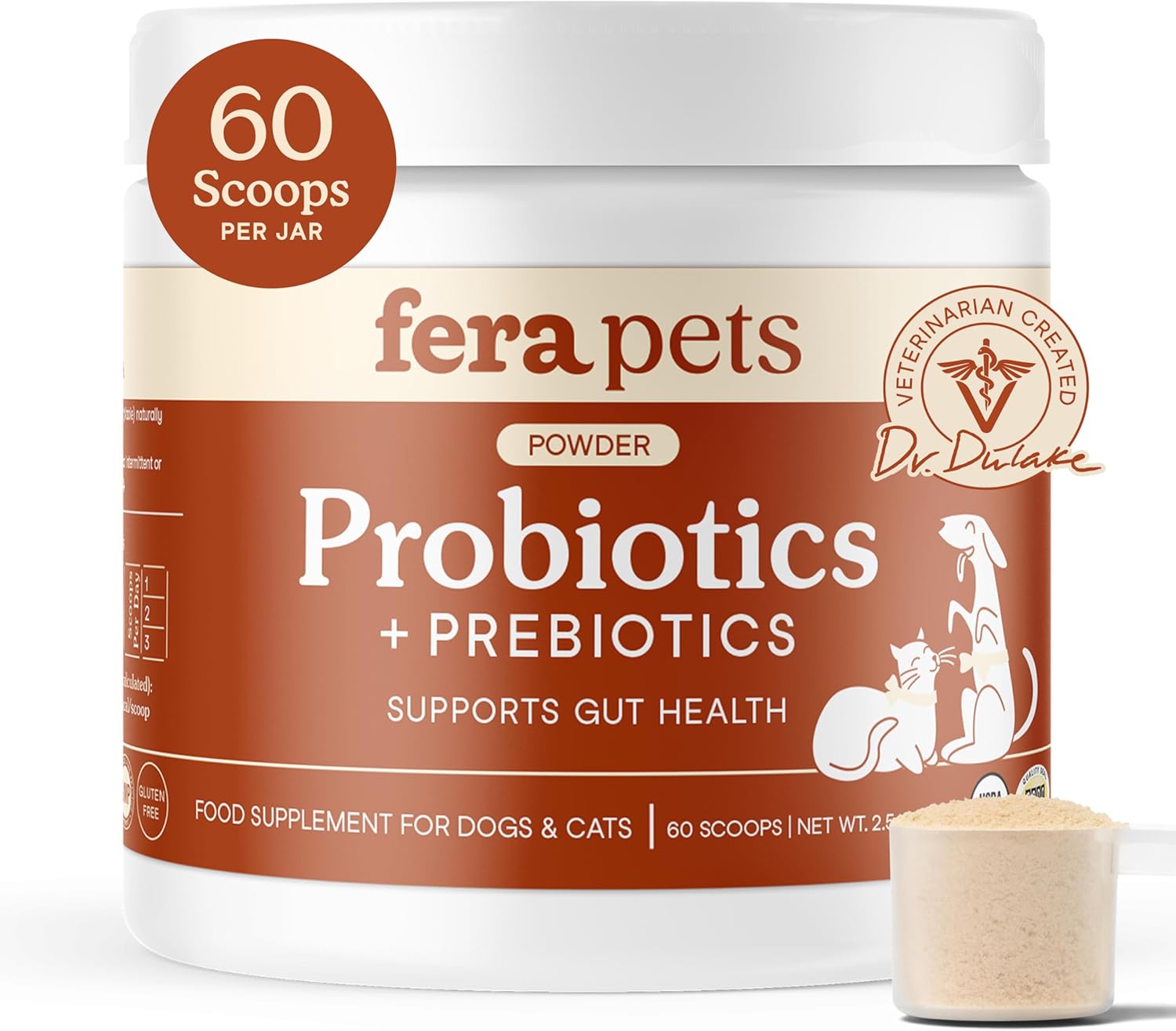 Fera Pet Organics Probiotics for Dogs & Cats - Vet Created - Cat & Dog Probiotic Supplement - 12 Strains & Prebiotics for Pet’s Digestion - 60 Scoops​