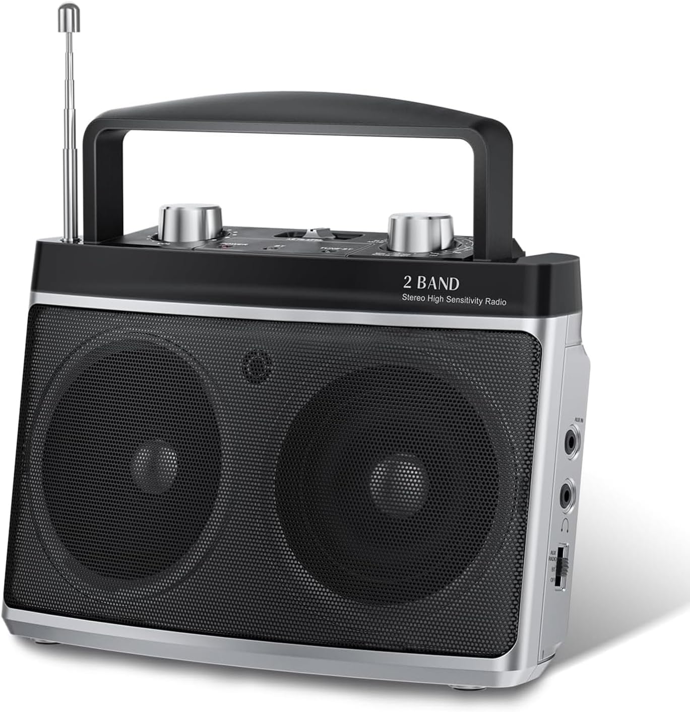 AM FM Radio with Best Reception, Bluetooth Stereo Sound Speaker Portable Radio, Battery Operated or Plug in Wall with Headphone Jack, AUX, Large Tuning Knob for Kitchen, Camping Sliver