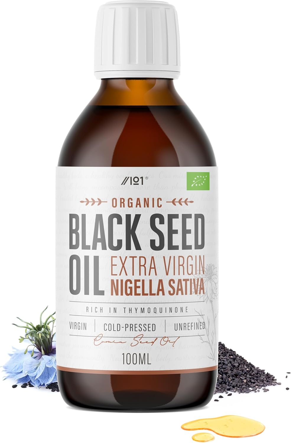 Organic Black Seed Oil 100ml – Cold & Freshly Pressed – Up to 5X% Strength Thymoquinone – 100% Pure Extra Virgin Cumin Black Seed Oil - By Alpha01